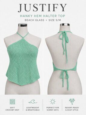 NWT Justify Beach Glass Mint Green Crochet Hanky Hem Halter Top S/M Boho